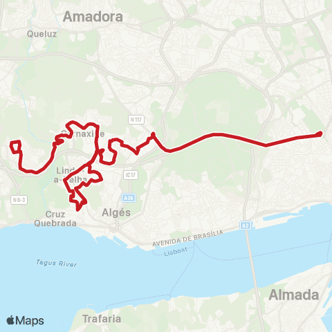 Carris Metropolitana Marquês Pombal (Metro) - Queijas (Psp) via Alto Station Catarina map