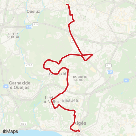 Carris Metropolitana Algés (Estação) - Amadora (Estação Sul) via Linda-A-Velha map