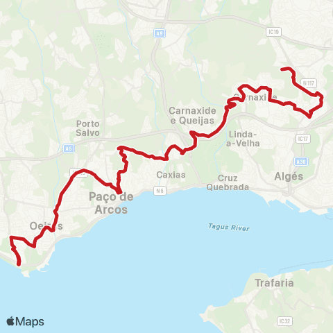 Carris Metropolitana Carnaxide (Av. João Paulo II) - Carcavelos (Nova Sbe) via Terrugem map