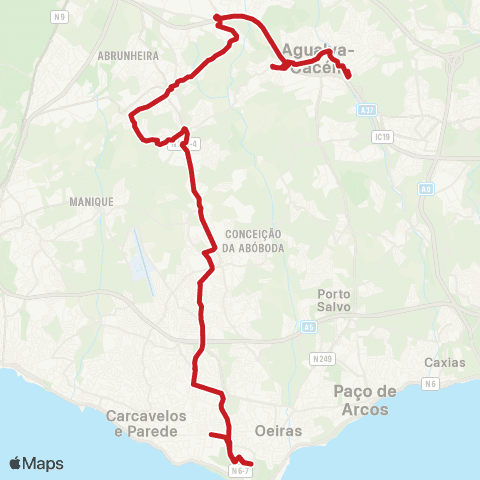Carris Metropolitana Agualva-Cacém (Estação) - Carcavelos (Estação) via Trajouce map