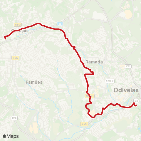 Carris Metropolitana Caneças (Escola Secundária) - Senhor Roubado (Metro) via Patameiras (Centro Comercial) map