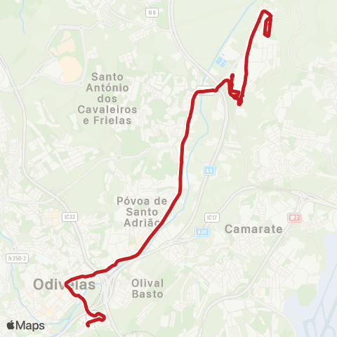 Carris Metropolitana Frielas - Senhor Roubado (Metro) via Zona Comercial map