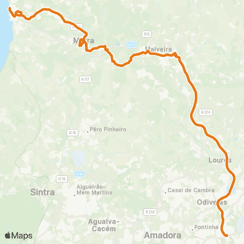 Carris Metropolitana Ericeira (Terminal) - Lisboa (C. Grande) via A8 map