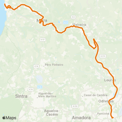 Carris Metropolitana Ericeira (Terminal) - Lisboa (C. Grande) via Freixeira E A8 map