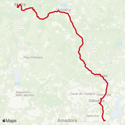 Carris Metropolitana Lisboa (C. Grande) - Mafra (Terminal) via Loures map