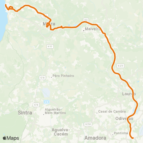 Carris Metropolitana Ericeira (Terminal) - Lisboa (C. Grande) via Mafra E A21 / A8 map