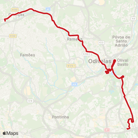 Carris Metropolitana Caneças (Escola Secundária) - Lisboa (Campo Grande) via Senhor Roubado (Metro) map