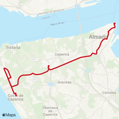 Carris Metropolitana Cacilhas (Terminal) - Costa Da Caparica via Escola José Cardoso Pires map