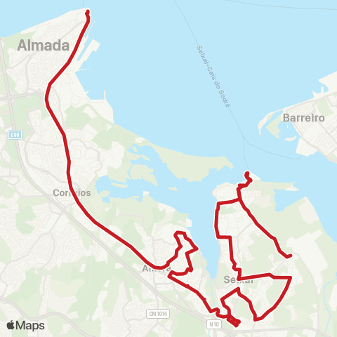 Carris Metropolitana Cacilhas (Terminal) - Paio Pires (Centro) via Seixal (Terminal Fluvial) E Amora map