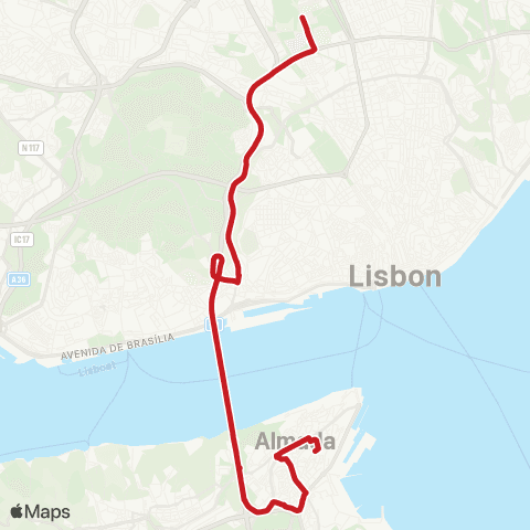 Carris Metropolitana Almada (Parque Urbano) - Lisboa (C. Universitária) map