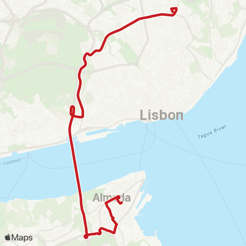 Carris Metropolitana Almada (Parque Urbano) - Lisboa (Areeiro) map