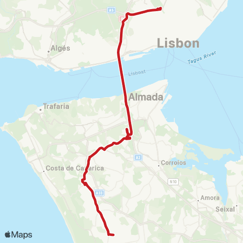 Carris Metropolitana Charneca De Caparica - Lisboa (M. Pombal) map