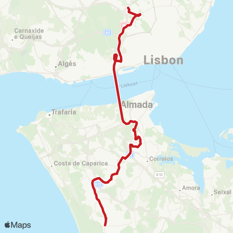 Carris Metropolitana Charneca De Caparica - Lisboa (Sete Rios) via Feijó map