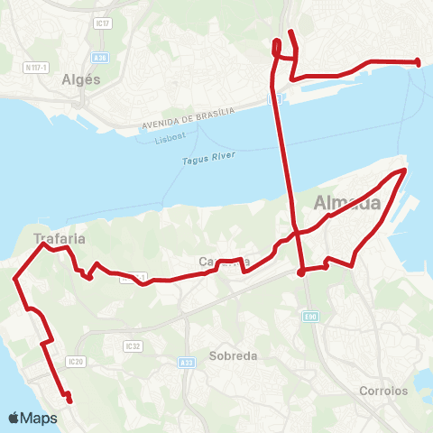 Carris Metropolitana Costa Da Caparica (Terminal) - Lisboa (C. Sodré) map