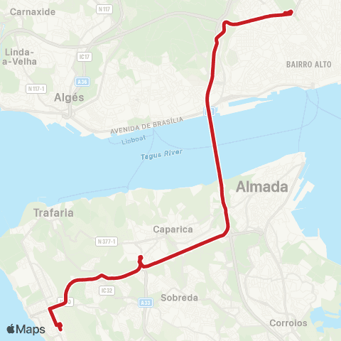 Carris Metropolitana Costa Da Caparica (Terminal) - Lisboa (M. Pombal) map