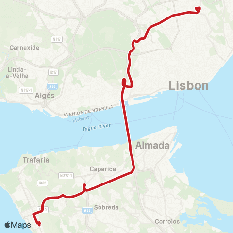 Carris Metropolitana Costa Da Caparica (Terminal) - Lisboa (Areeiro) map