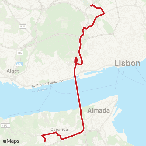 Carris Metropolitana Monte De Caparica (Fct) - Lisboa (Sete Rios) map