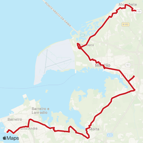 Carris Metropolitana Alcochete (Freeport) - Barreiro (Terminal) via Samouco map