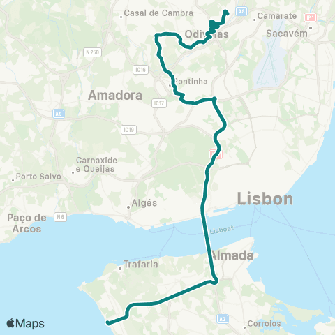 Carris Metropolitana Costa Da Caparica - Póvoa De Santo Adrião (Parque Urbano) map