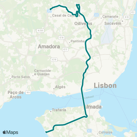 Carris Metropolitana Caneças (Escola Secundaria) - Costa Da Caparica map