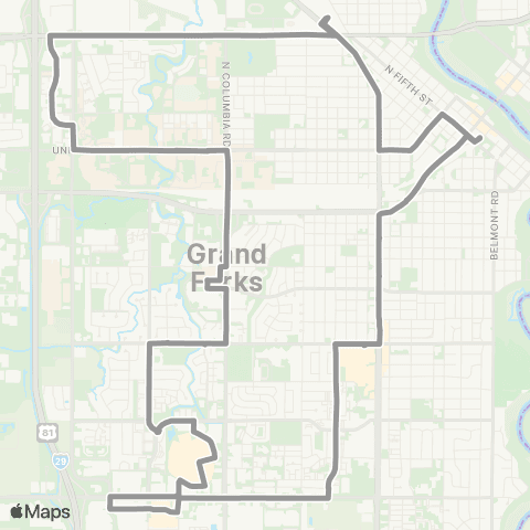 Cities Area Transit Counterclockwise to Target - UND Campus - Dtwn map