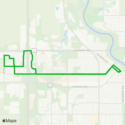 Cities Area Transit UND > West Walmart - Downtown map