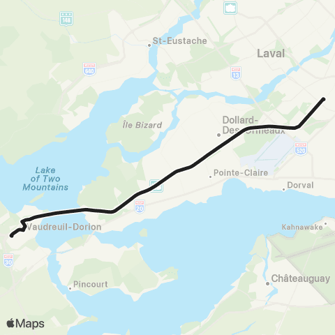exo La Presqu'Île Express Vaudreuil - Terminus Côte-Vertu map