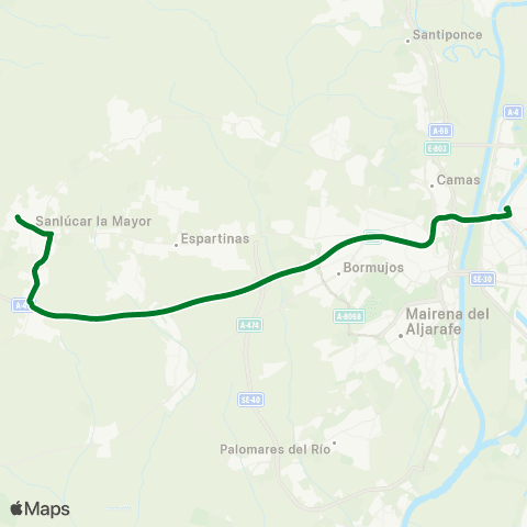 Junta de Andalucia M-166 Sanlúcar la Mayor - Sevilla (Directo Laborables) map