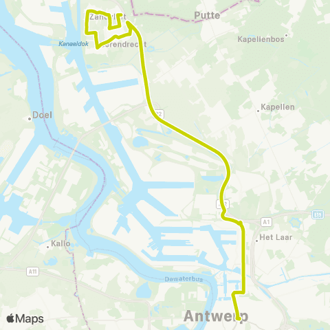De Lijn Sneldienst Zandvliet - Antwerpen via A12 map