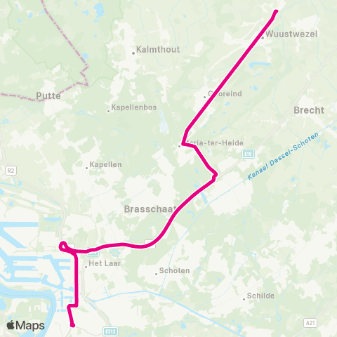 De Lijn Snelbus Wuustwezel - Antwerpen via E19 map