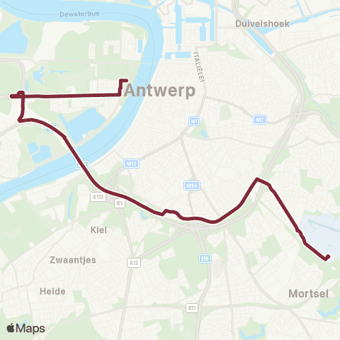 De Lijn Opera - Kennedytunnel - P+R Linkeroever - Van Eedenplein map