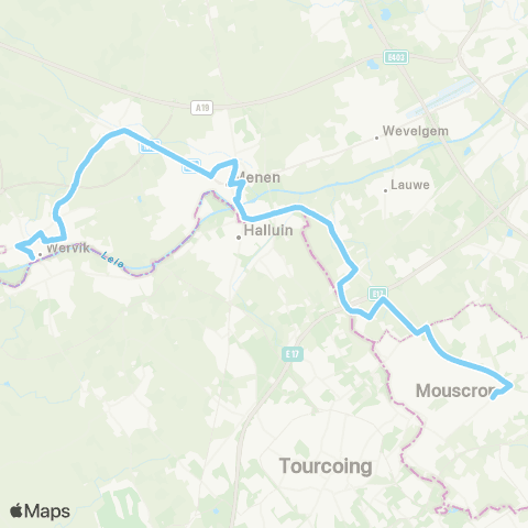 De Lijn Wervik - Geluwe - Menen - Rekkem - Moeskroen map