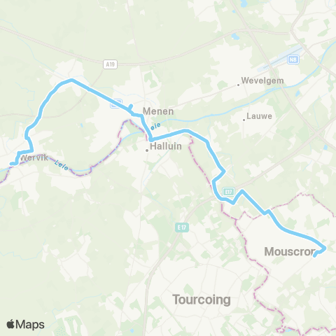 De Lijn Wervik - Geluwe - Menen - Rekkem - Moeskroen map