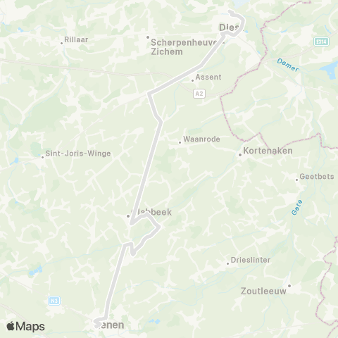 De Lijn Snelbus Diest - Bekkevoort - Glabbeek - Tienen map
