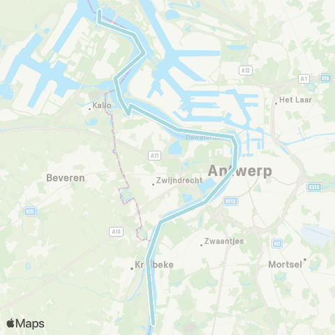DeWaterbus Lillo - Liefkenshoek - Kallosluis - Zwijndrecht - Sint Anna - Steenplein - Kruibeke - Hemiksem map