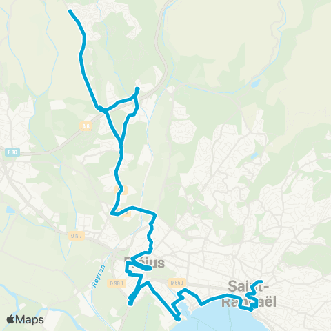 Le Bus St-Raphaël Gare rout. - Fréjus Gare rout. - Domaine du Capitou - Pin de la Lègue map