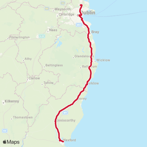 Bus Éireann Dublin Airport - Gorey - Wexford map
