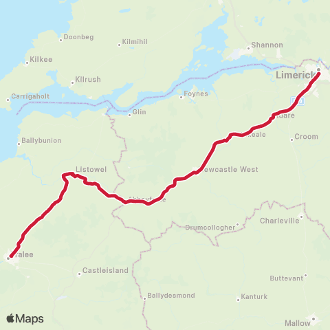 Bus Éireann Limerick - Adare - Listowel - Tralee map