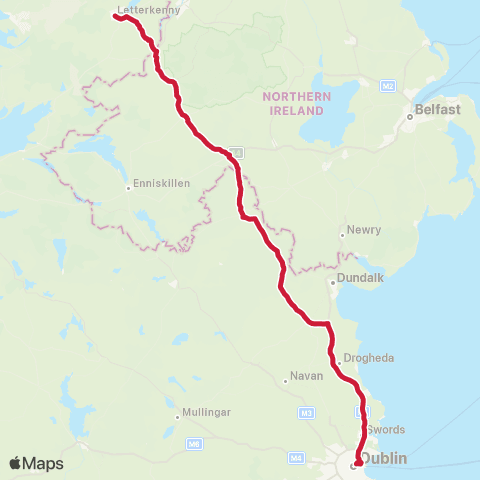 Bus Éireann Dublin Airport - Monaghan - Letterkenny map