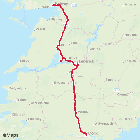 Bus Éireann Cork - Limerick - Galway map