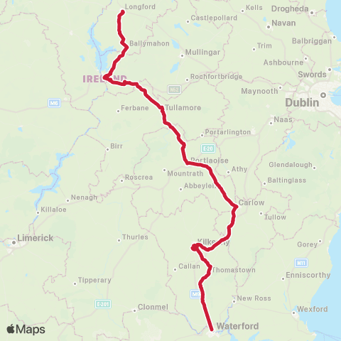 Bus Éireann Waterford - Athlone - Longford map