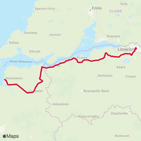 Bus Éireann Limerick - Foynes - Glin - Ballybunion map