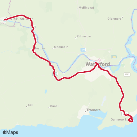 Bus Éireann Portlaw - Waterford - Dunmore East map
