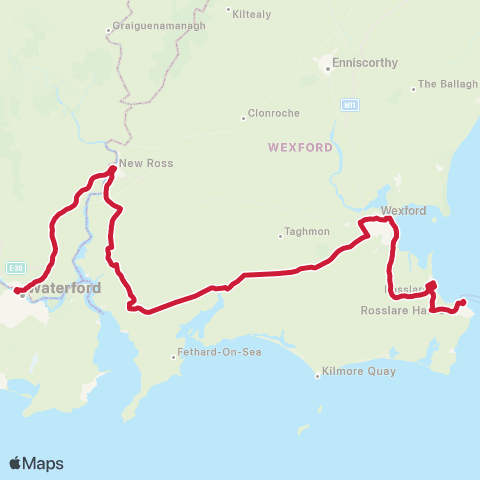 Bus Éireann Waterford - New Ross - Wexford map
