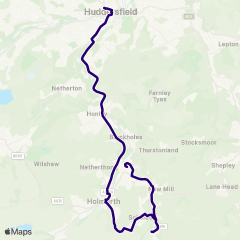 First Halifax Calder Valley & Huddersfield Hepworth Towngate - Huddersfield Bus Sta map