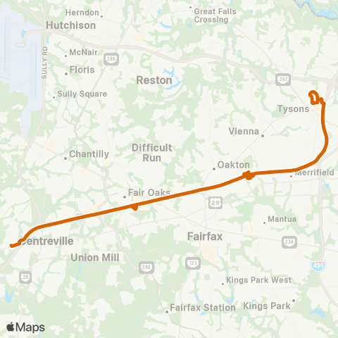 Fairfax Connector Centreville PnR - Tysons Exp map