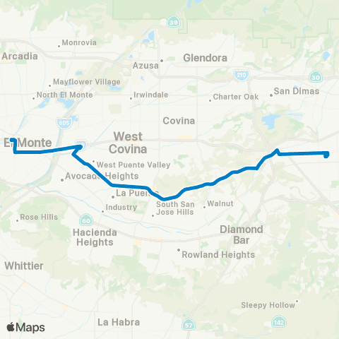 Foothill Transit Pomona-La Puente-El Monte Via Amar Rd map