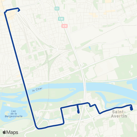 Fil bleu Gare de Tours - Maréchal Leclerc map