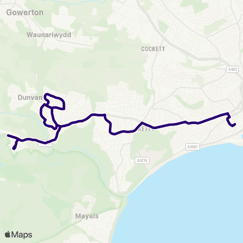 First South & West Wales Swansea Bus Sta Stand R - Derlwyn Spar Shop map