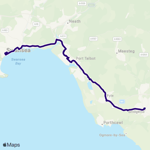 First South & West Wales Swansea Univ Singleton Campus - Bridgend Bus Sta Stand 1 map